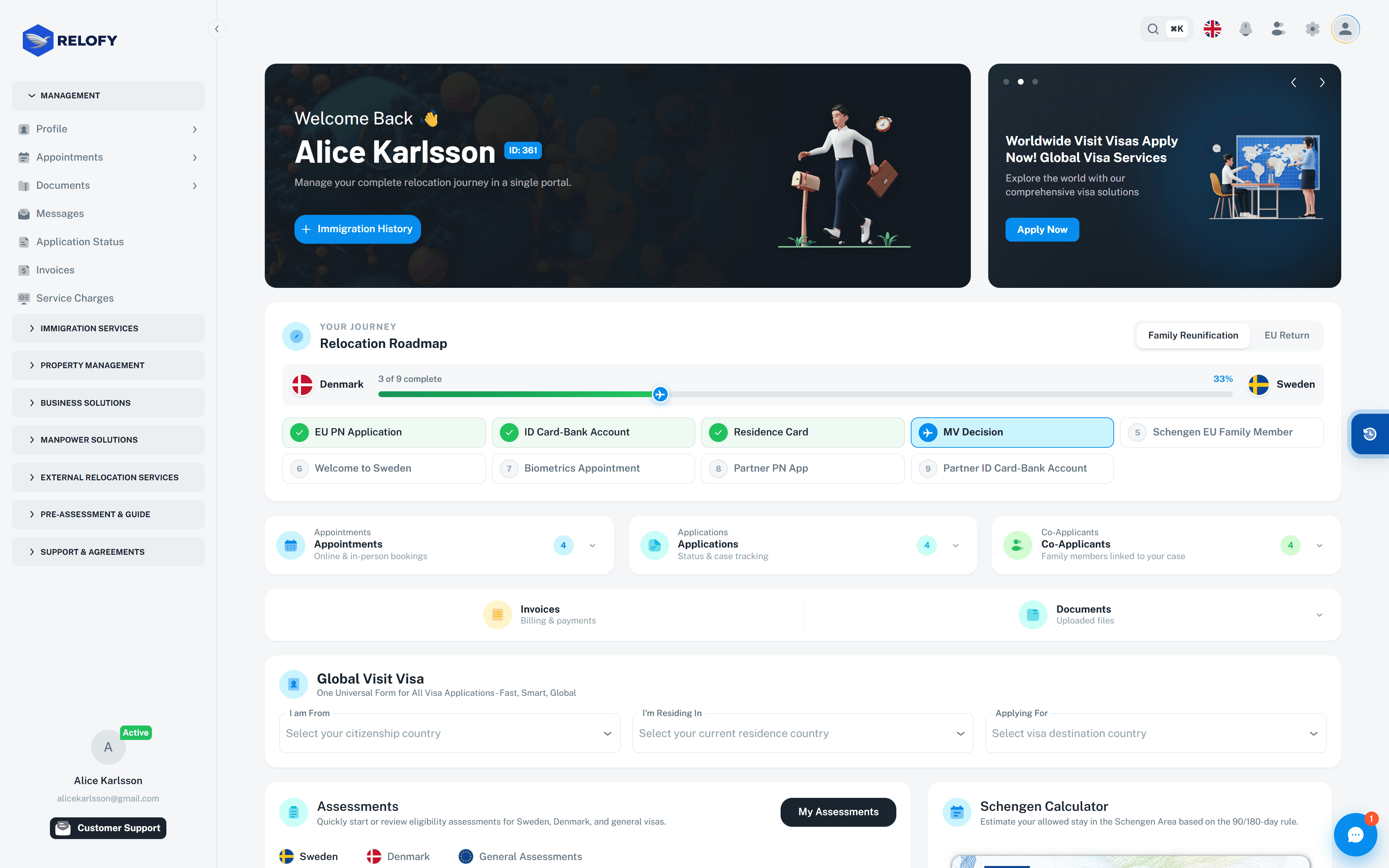 Relofy client relocation dashboard