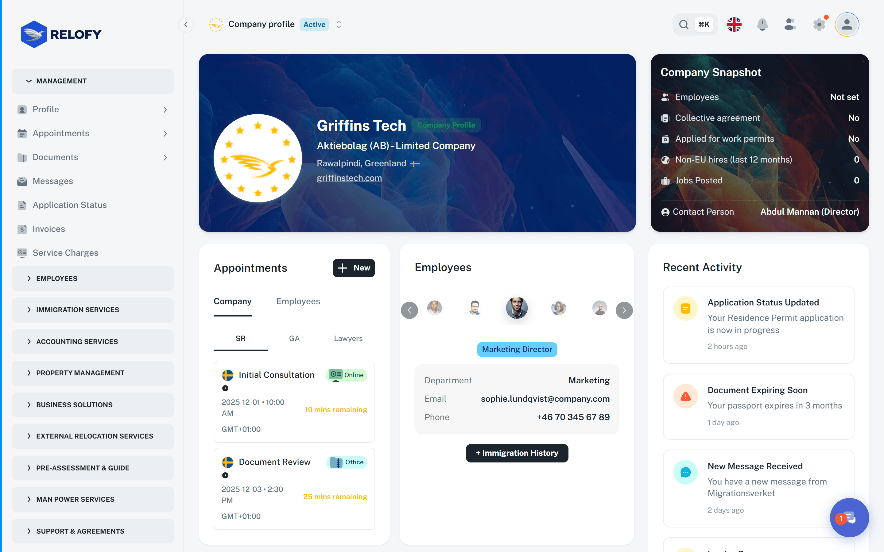 Relofy company workspace dashboard
